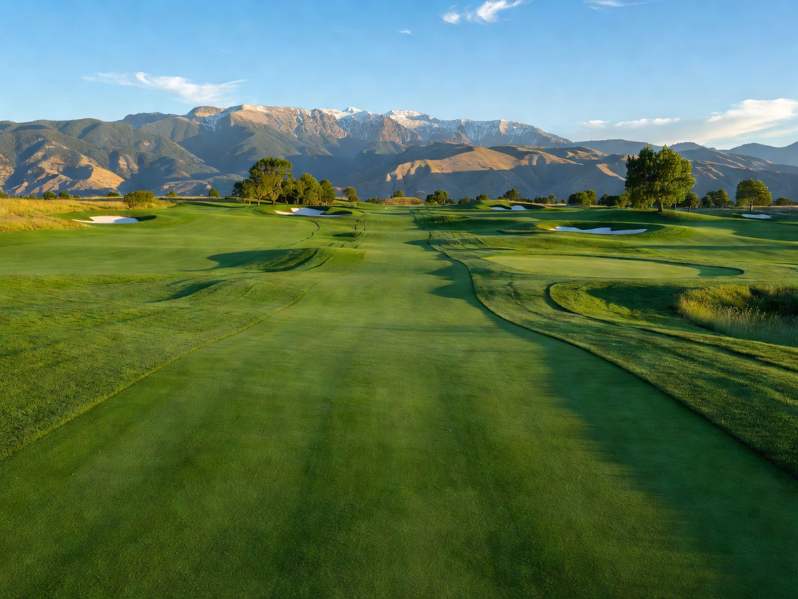 Beautiful expansive golf course green pathway with backdrop of mountains