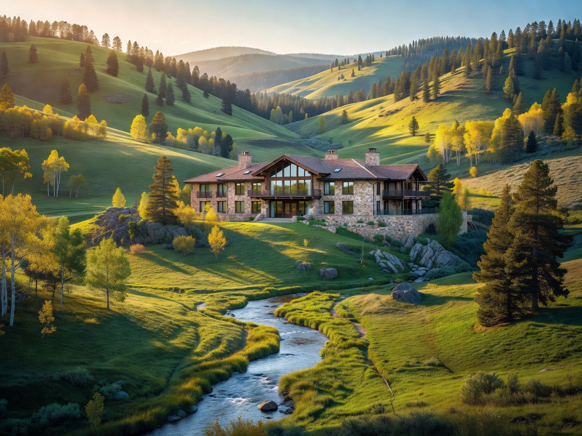 Beautiful sunlit valley framing a regional resort building facade
