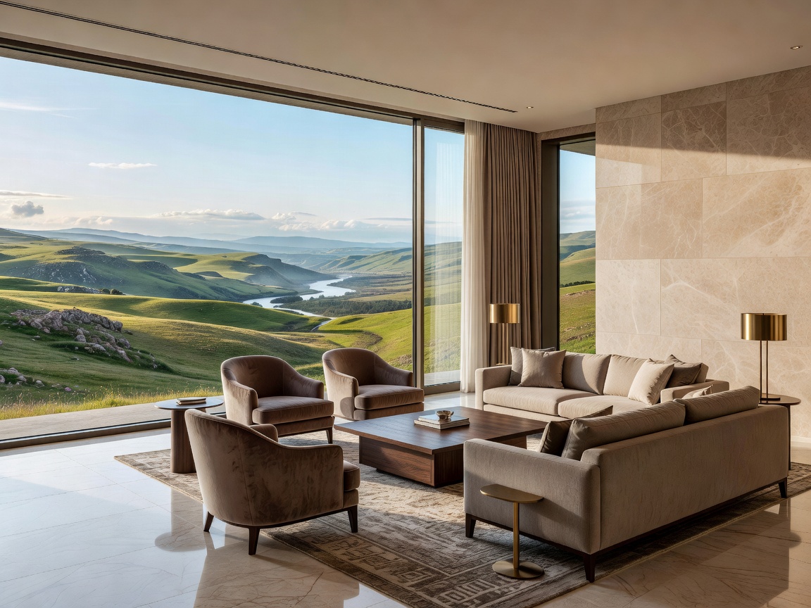 Beautiful upscale hotel interior layout overlooking regional landscapes
