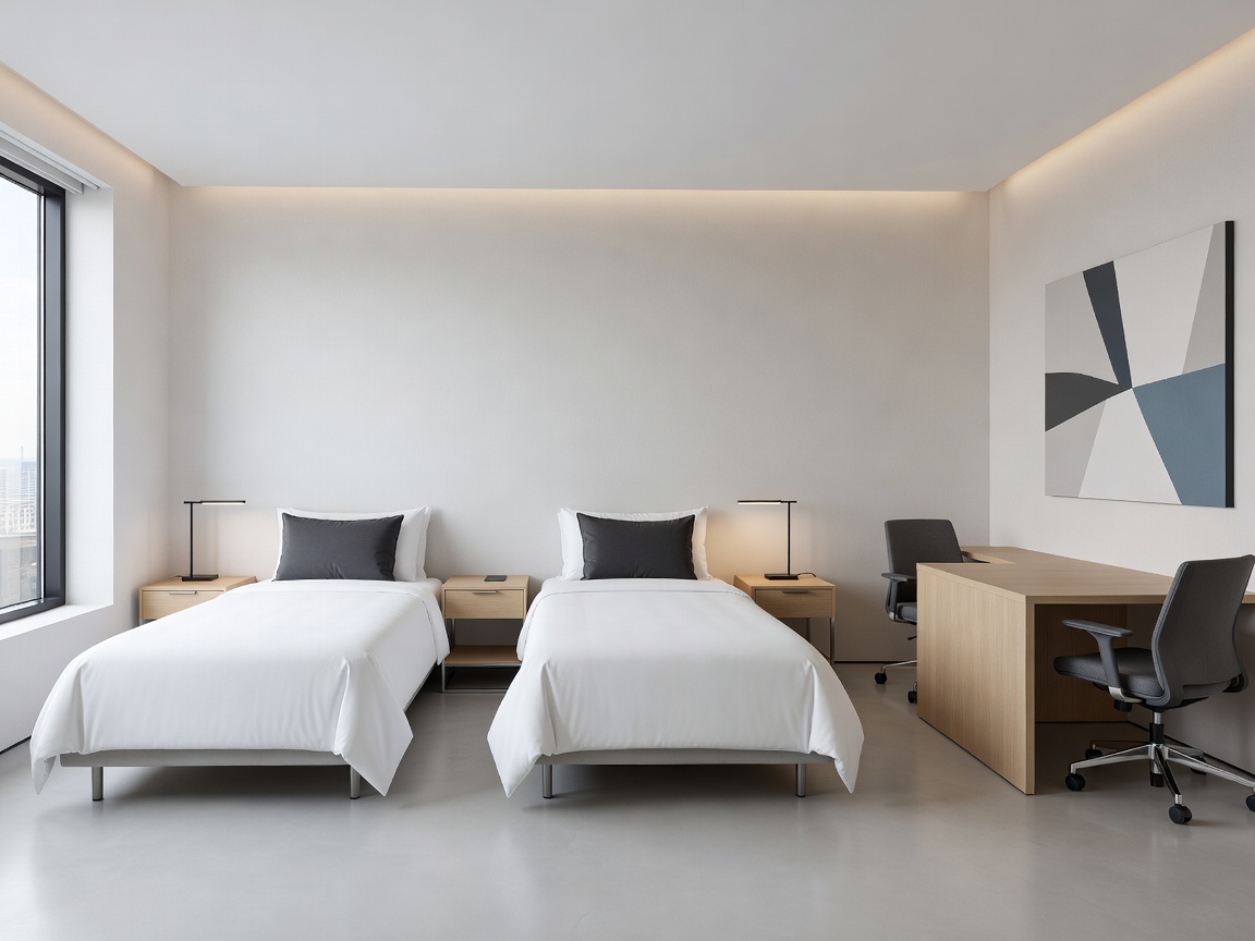 Modern clean twin-bed suite layout with corporate design elements