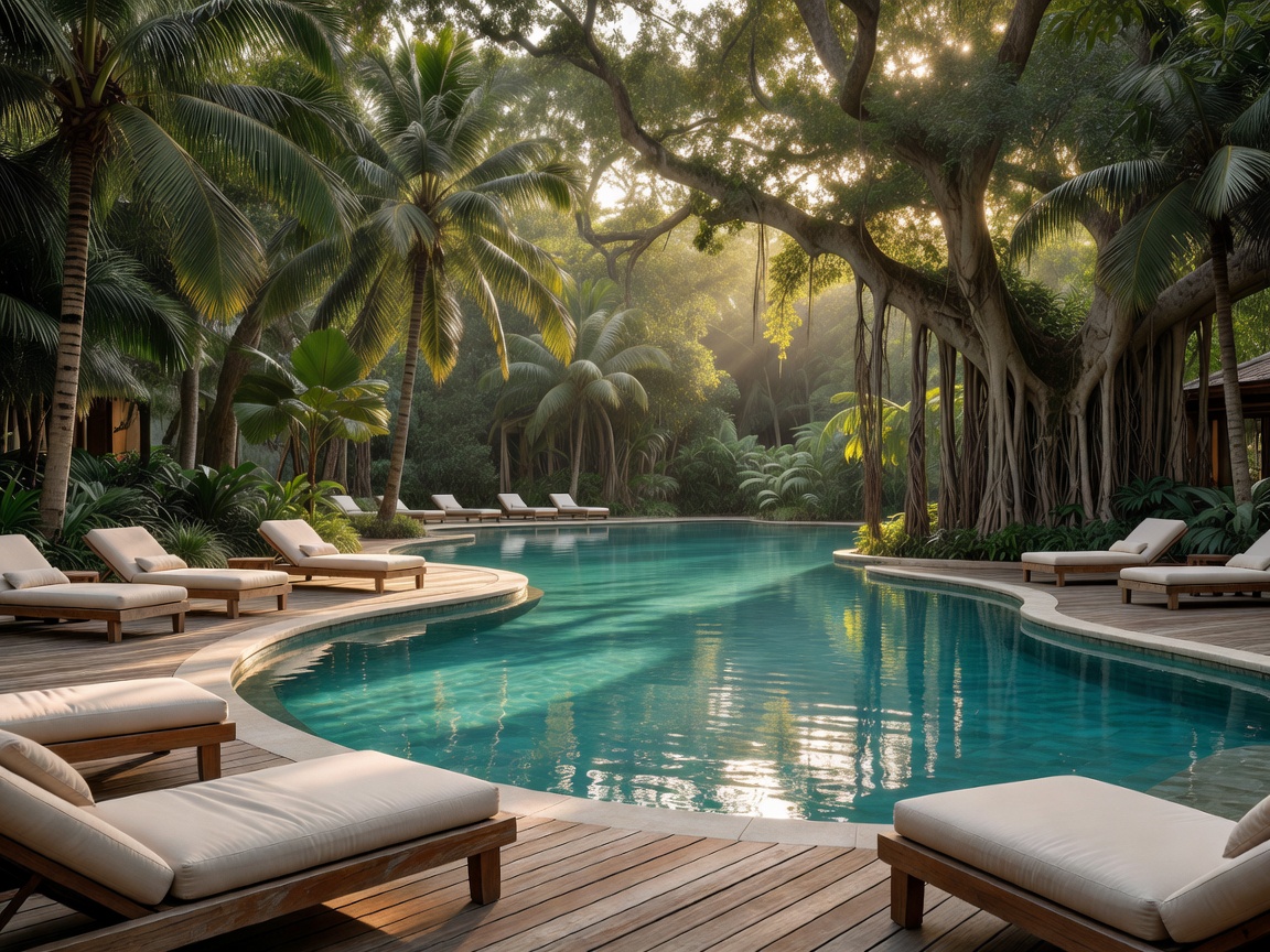 Serene boutique resort pool and outdoor deck surrounded by trees