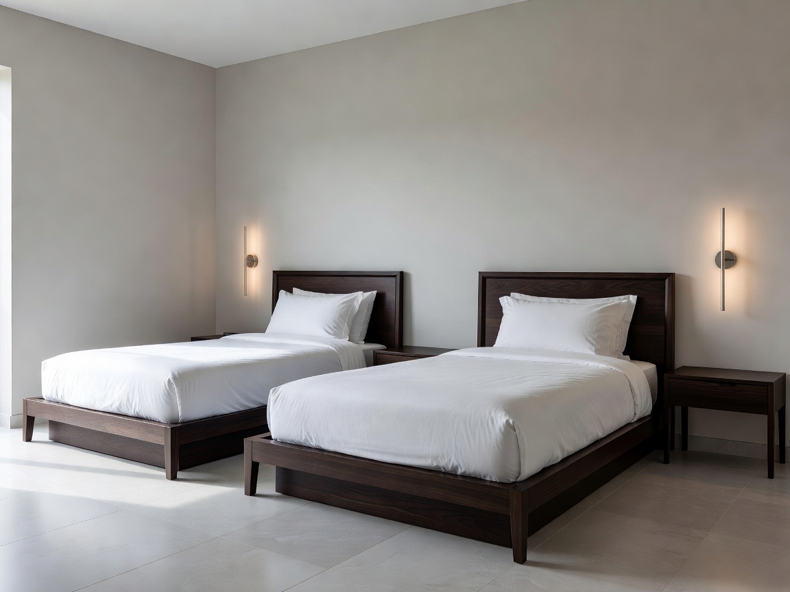 Sleek modern twin bed room design with elegant dark wood