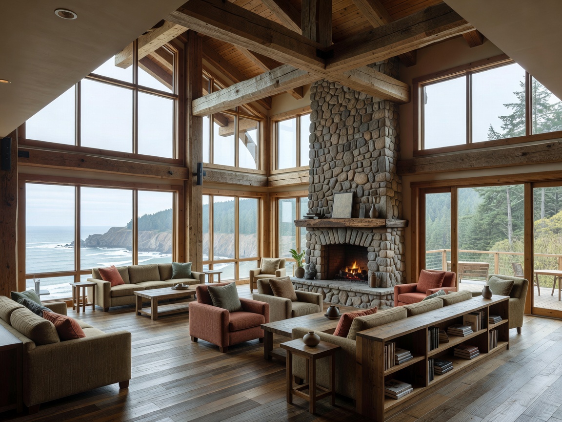 Spacious wood accented resort lobby view highlighting West Coast architecture